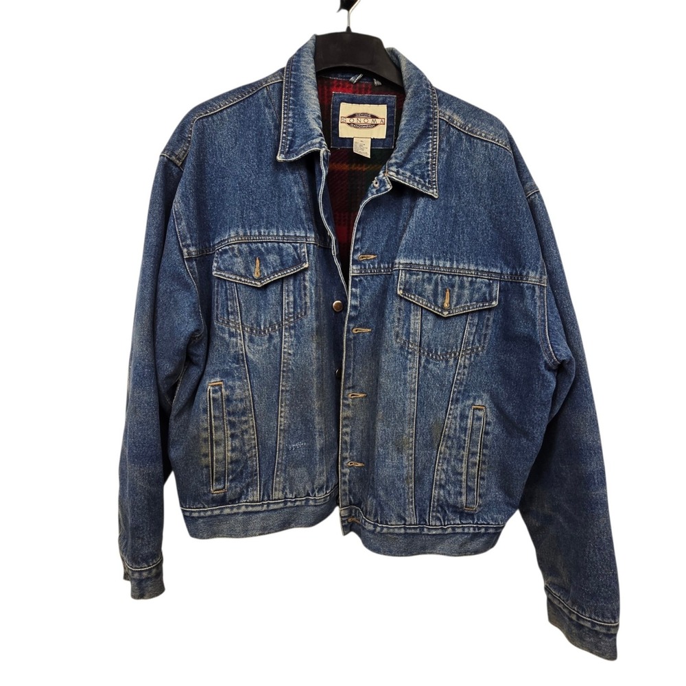 Vintage 90s Y2K Plaid Denim Trucker Jacket Men's XL Flannel Lined Grunge Outdoor